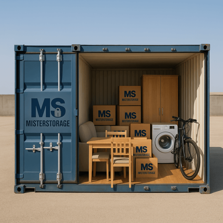 Trastero de MisterStorage abierto con muebles, cajas y una bicicleta